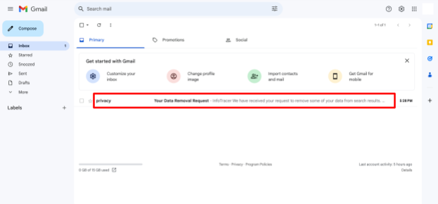 Email inbox with infotracer email