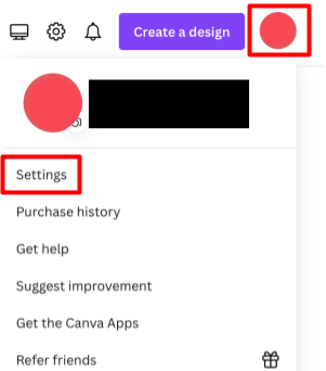 Canva profile icon and menu with "Settings" link highlighted