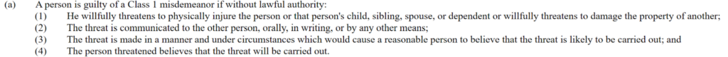 North Carolina General Statute § 14-277.1 - communicating threats