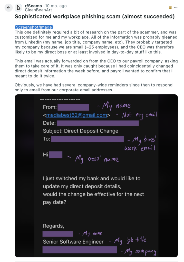 Reddit post about a sophisticated workplace phishing scam targeting an executive