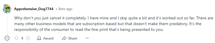 Reddit post on canceling Fabletics' subscription if you don't need it