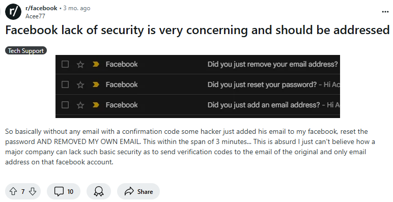 Reddit post about Facebook security