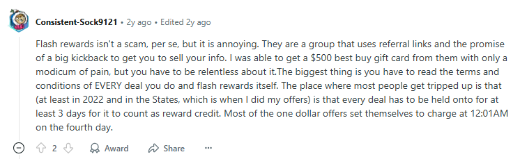 Reddit post about Flash Rewards