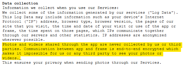 Information on Frameo's data collection