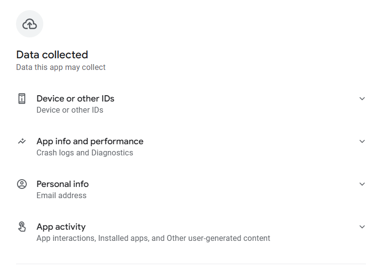 Freedom app "Data collected" section on Google Play