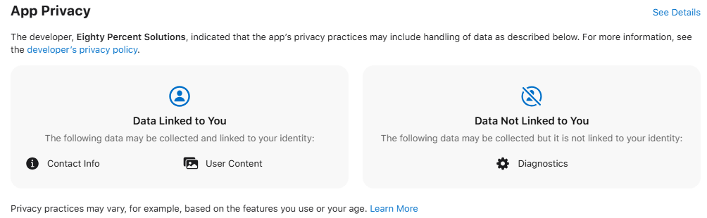 Freedom app "App Privacy" section on the App Store