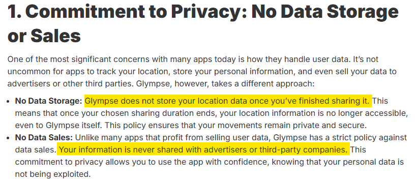 Glympse 'Commitment to Privacy: No Data Storage or Sales'