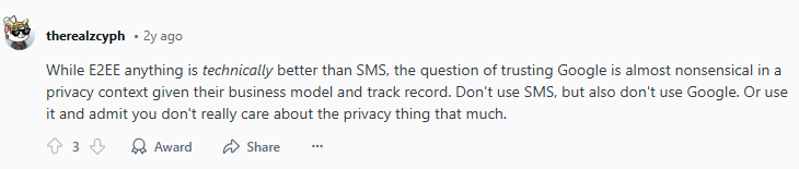 Reddit post about Google Messages and Google in general