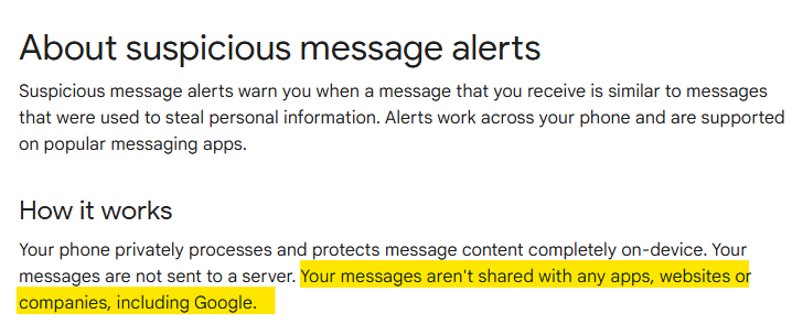 Google Messages - about suspicious message alerts