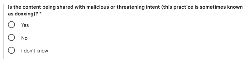 Google form for personal content removal - is the content being shared with malicious or threatening intent section