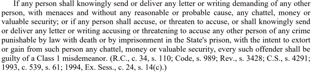 North Carolina General Statute § 14-118 - blackmail