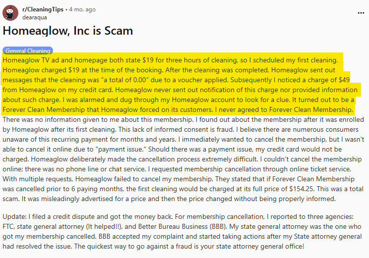 Negative Reddit post about Homeaglow and the fact it enrolls people into a monthly membership