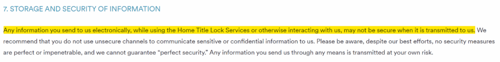 Home Title Lock privacy policy section on storage and security of information