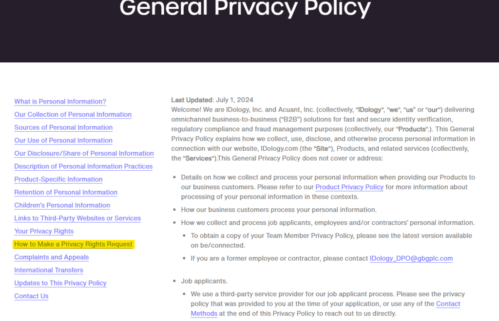 IDology privacy policy and 'How to Make a Privacy Rights Request' link