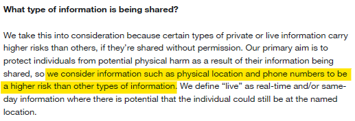 Factors Twitter takes into account when reviewing doxxing reports - what type of information is being shared 