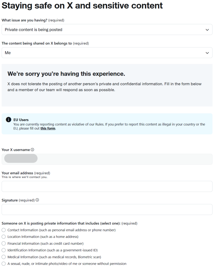 X form for reporting unauthorized information sharing