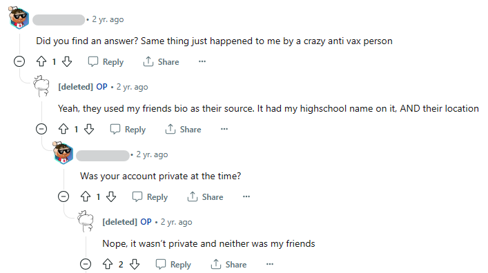 Reddit thread about how someone was doxxed on Instagram through their friend