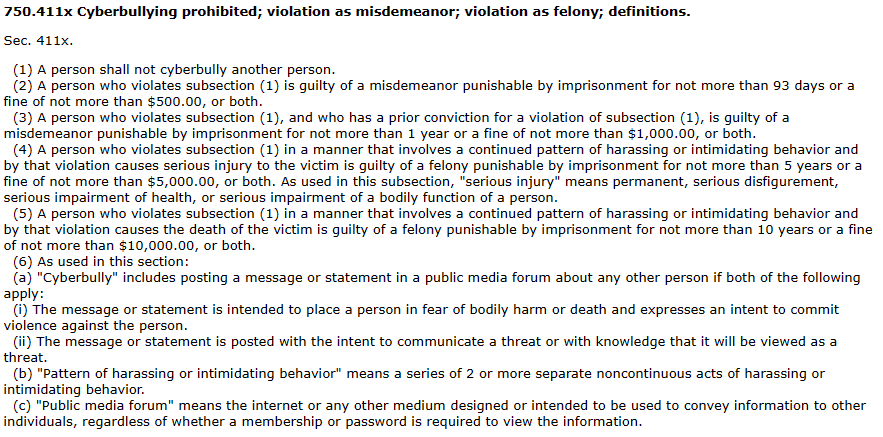 Michigan Penal Code section 750.411x - cyberbullying