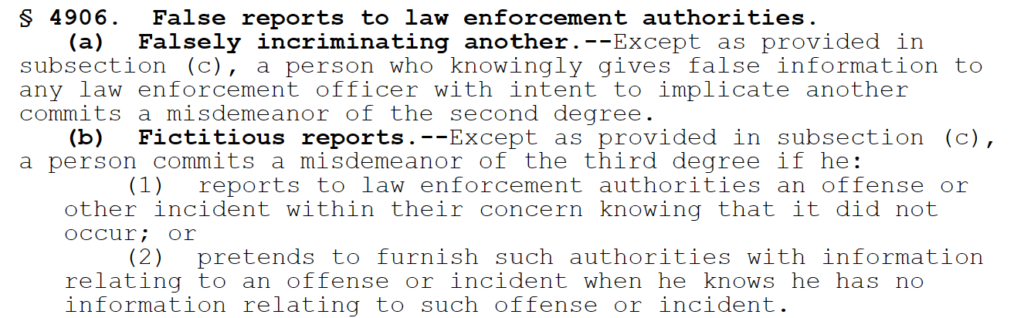 Title 18 Section 4906 of the PA Crimes Code - false reports to law enforcement
