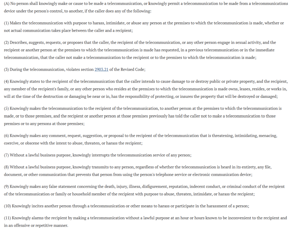 Section 2917.21 of the Ohio Revised Code - telecommunications harassment