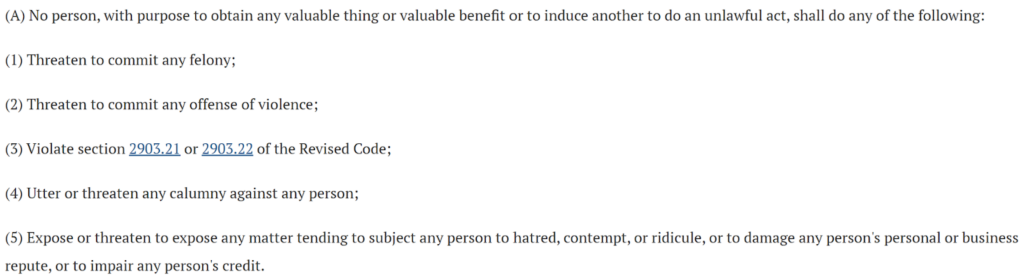 Section 2905.11 of the Ohio Revised Code - extortion