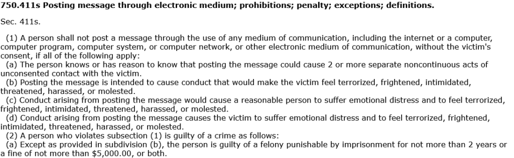 Michigan Penal Code section 750.411s - cyberstalking