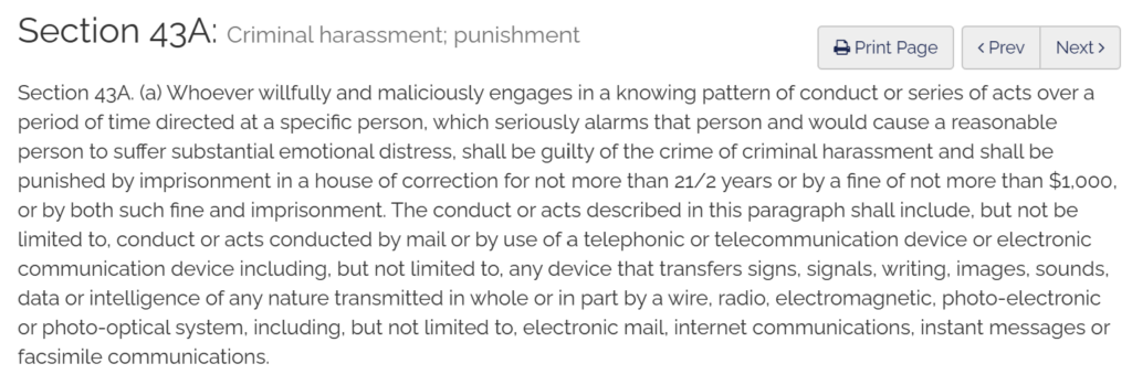 Massachusetts General Laws Chapter 265, Section 43A - harassment