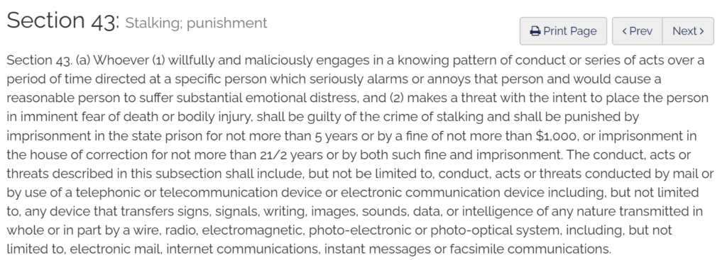 Massachusetts General Laws Chapter 265, Section 43 - stalking