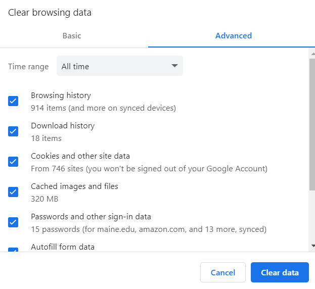 Clear browsing data advanced menu