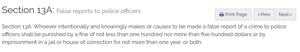 Massachusetts General Laws Chapter 269, Section 13A - false reports to police officers