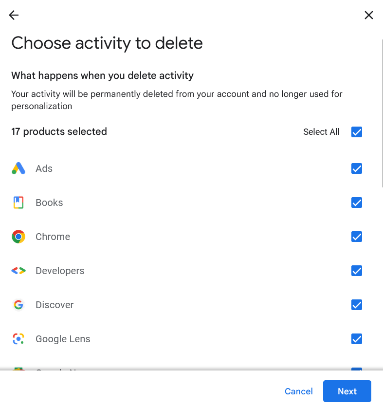 'Choose activity to delete' Google menu detailing Google products you can delete your history from