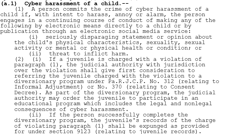 Title 18 Section 2709(a) of the PA Crimes Code - cyber harassment of a child