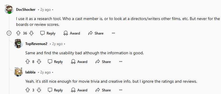 Reddit discussion about IMDb reliability