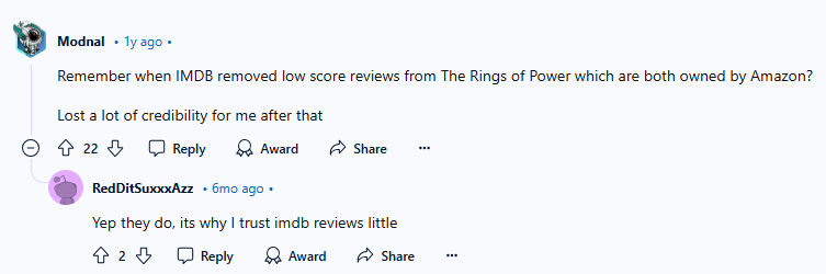 Reddit post about IMDb credibility