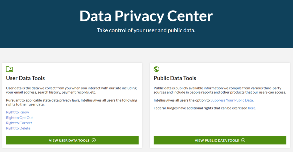 Intelius Data privacy center page