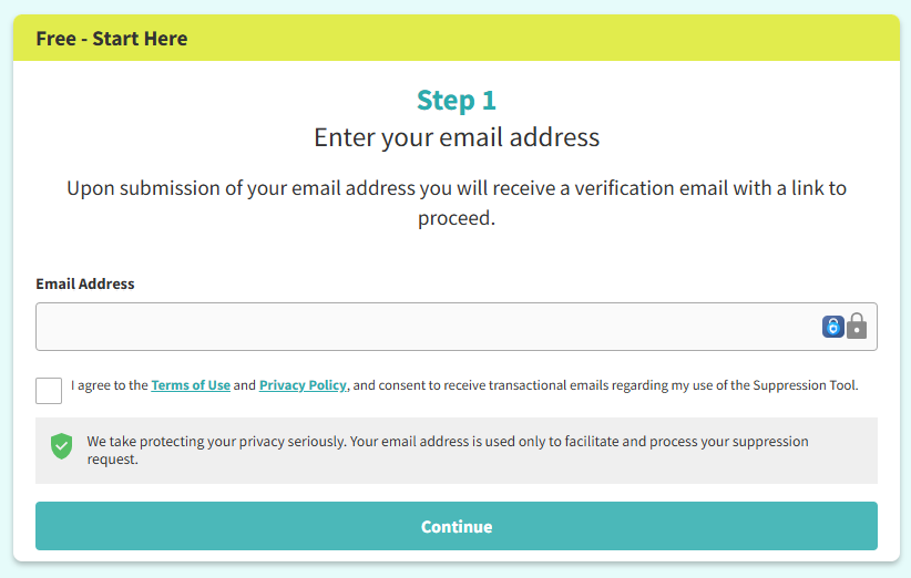 Step 1 of Intelius (and AnyWho) opt out - enter your email address
