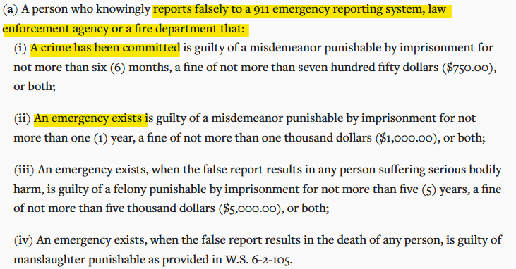 Wyoming - False reporting to authorities (swatting)
