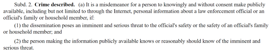 Section 609.5151 of the Minnesota Statutes - doxxing a law enforcement official