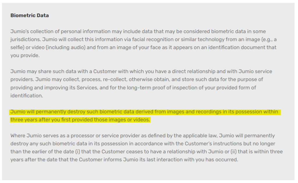 Jumio information on biometric data collection and storage