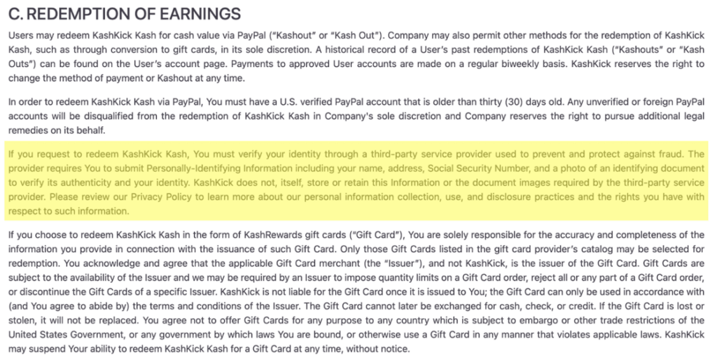 KaskKick "Redaktion of earnings" information