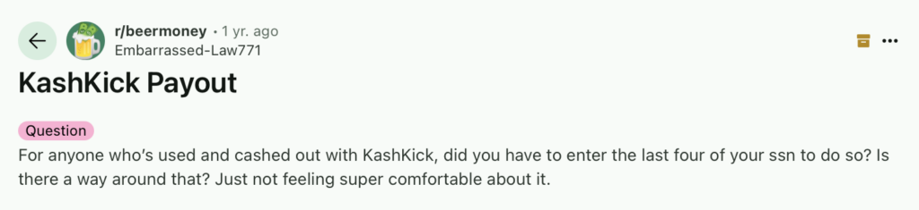 Reddit post about KashKick and the need to enter the last four of your SSN
