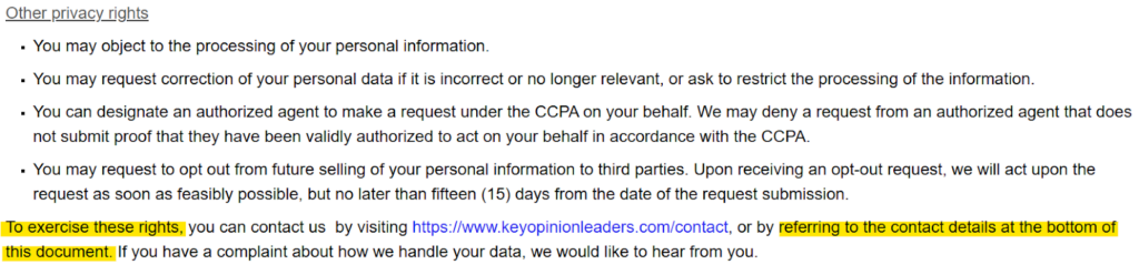 KeyOpinionLeaders 'other privacy rights' section