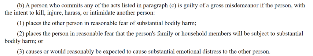 Section 609.749 of the Minnesota Statutes - harassment and stalking