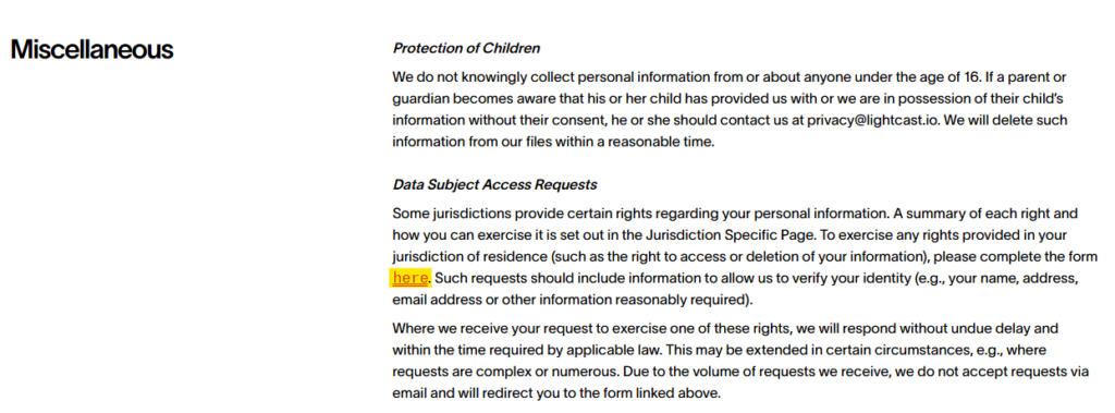 Lightcast privacy policy 'Miscellaneous' section