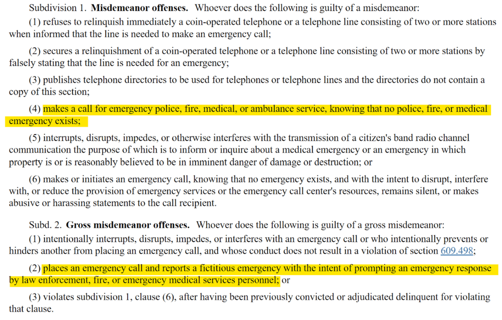 Section 609.78 of the Minnesota Statutes - swatting
