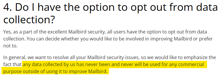 Mailbird 'Do I have the option to opt out from data collection?'