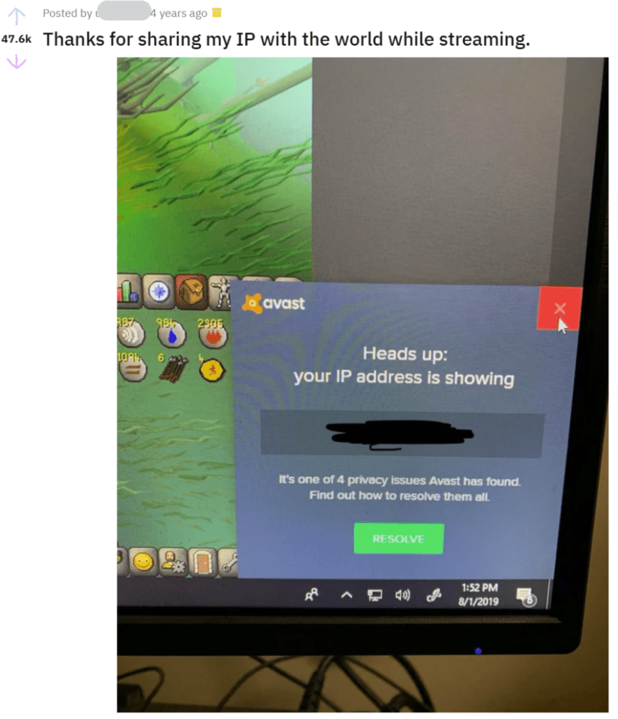 Reddit post about how Avast popup doxxed them while streaming