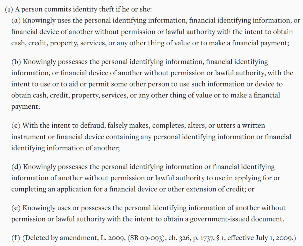 Colorado identity theft - Colo. Rev. Stat. § 18-5-902