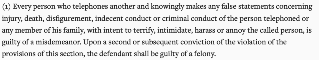 Idaho use of telephone to terrify, intimidate, harass, or annoy by false statements