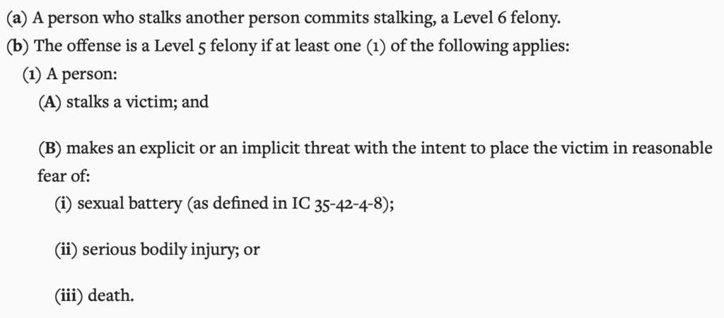 Indiana criminal stalking